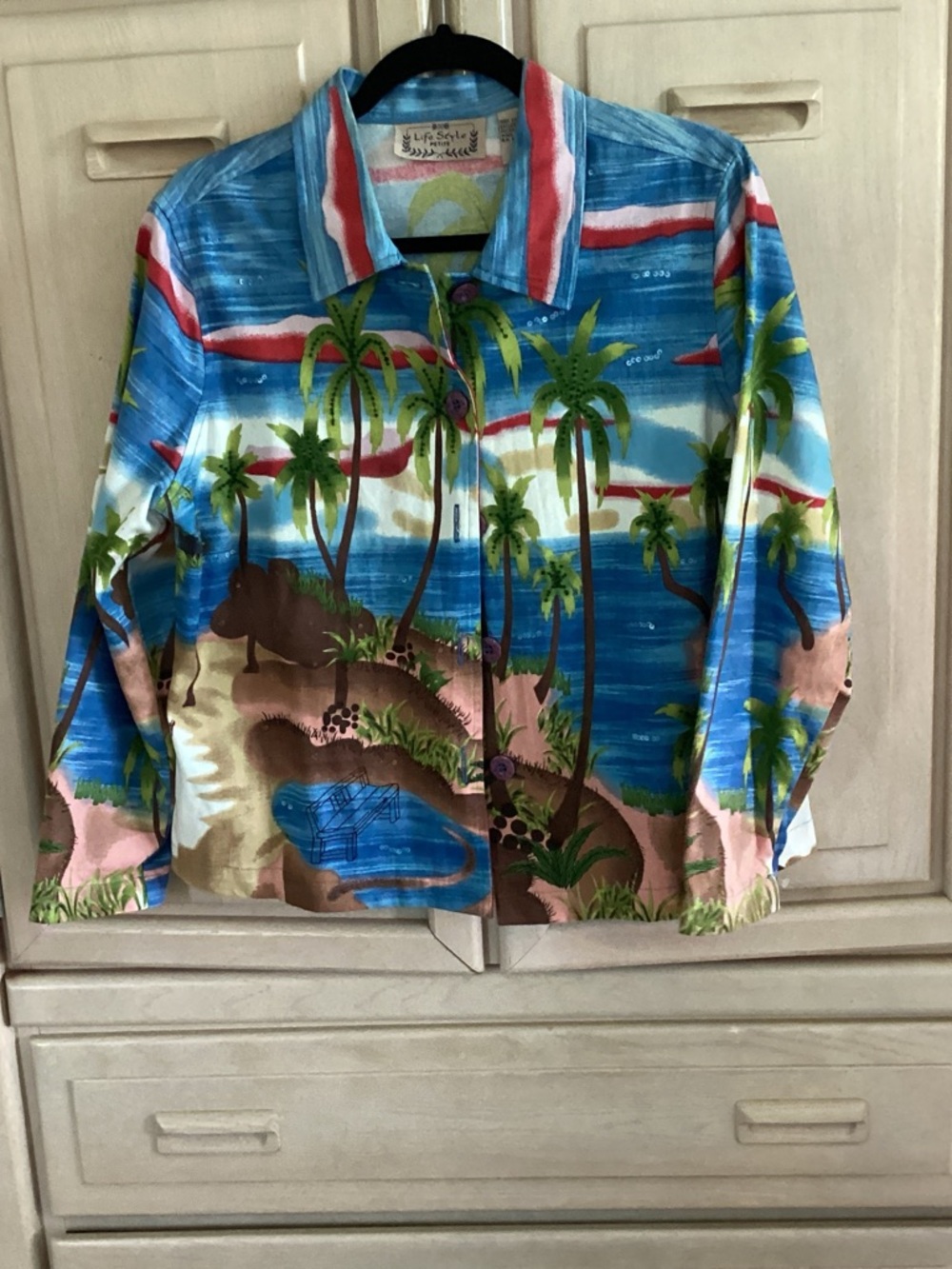 Tropical Palm Print Button-Up Jacket in Blue, Green, Pink Life Style Brand - Picture 2 of 9